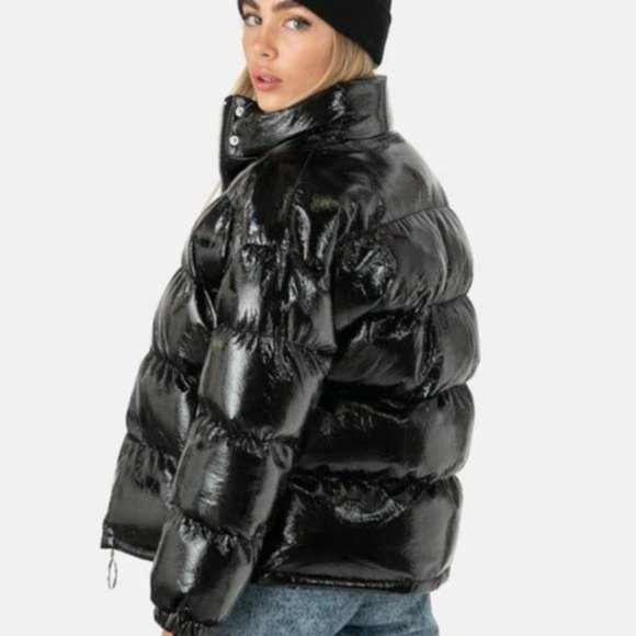 Adika Black Glossy Shiny Vinyl Reagan Puffy Jacket - S/M - Picture 8 of 10